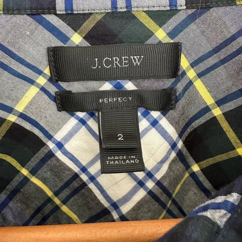 J Crew Perfect Shirt Women 2 Blue Tartan Plaid 100% Cotton Long Sleeve Button Up